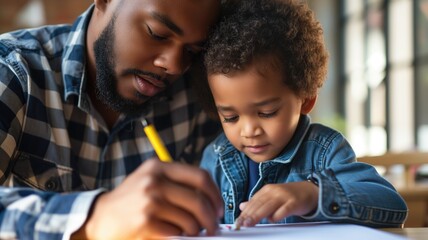 Father and son drawing together with a focus on learning - obrazy, fototapety, plakaty