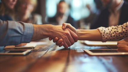 Two people shaking hands firmly over a business meeting