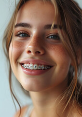 Naklejka premium young smiling girl with metal braces on her teeth, bite correction, orthodontist, health, medicine, dentistry, oral cavity, straight, white, portrait, mouth, person, people, treatment, beauty, smile
