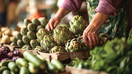 Hands selecting fresh artichokes at a farmers' market