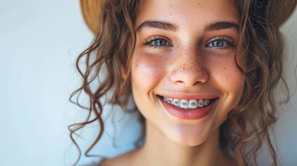 Foto op Plexiglas young smiling girl with metal braces on her teeth, bite correction, orthodontist, health, medicine, dentistry, oral cavity, straight, white, portrait, mouth, person, people, treatment, beauty, smile © Julia Zarubina