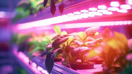 Closeup of a hightech LED lighting system providing artificial sunlight for plants in an indoor farm. - obrazy, fototapety, plakaty
