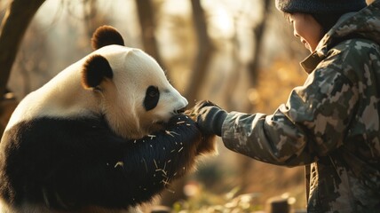 Child gently touching a giant panda's face - obrazy, fototapety, plakaty
