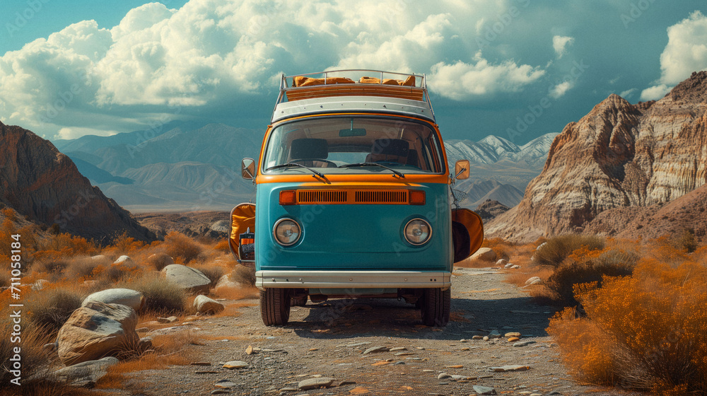 Wall mural Road Trip Frienxds: the open road, nature, and the sense of freedom associated with road trips and camper van travel