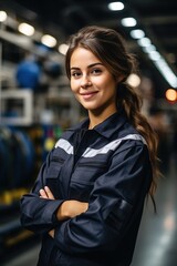 Fototapeta premium Portrait of a young female engineer smiling in a factory