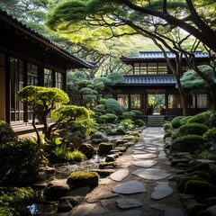 Fototapeta premium Japanese garden with a stone path and trees