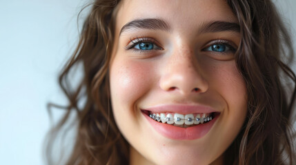 young smiling girl with metal braces on her teeth, bite correction, orthodontist, health, medicine, dentistry, oral cavity, straight, white, portrait, mouth, person, people, treatment, beauty, smile