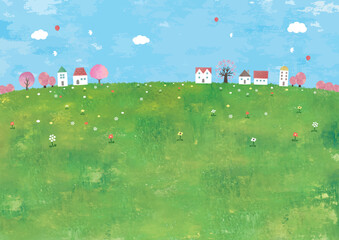 草原と桜の木の街並み水彩画