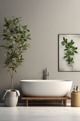 Fototapeta na wymiar Bathroom with a large plant and a bathtub