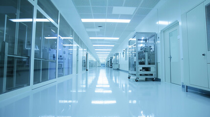 dolly shot inside bright advanced semiconductor production fab clean room. Ai Generative
