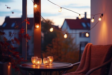 Cozy balcony decorated with candles and string lights