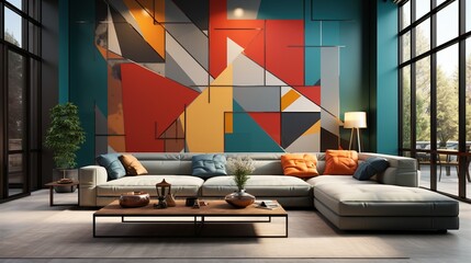 Modern living room interior with colorful geometric artwork on the wall