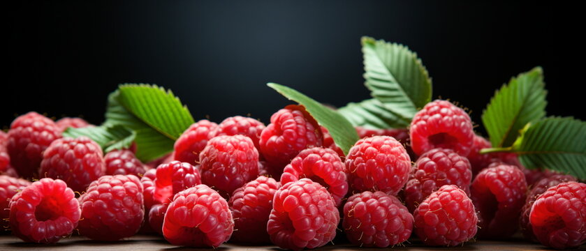 Close-up image of fresh raspberries with green leaves on a wooden table against a dark background