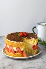 Strawberry cake, vanilla sponge cake with cream cheese and fresh strawberries. Summer cake. 