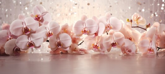 Peach orchids bouquet on light peach background with glitter and bokeh. Banner with copy space. Perfect for poster, greeting card, event invitation, promotion, advertising, print, elegant design