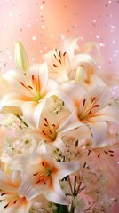 Obraz na płótnie Canvas White lilies with a soft bokeh peach background. Perfect for poster, greeting card, event invitation, promotion, advertising, print, elegant design. Vertical format.