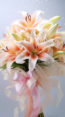 White lilies huge bouquet with peach ribbon bow on light background with glitter and bokeh. Perfect for poster, greeting card, invitation, promotion, advertising, elegant design. Vertical format