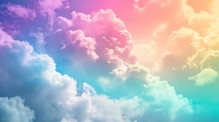 Fotobehang Fluffy clouds against a sky with a gradient of pastel rainbow colors. Abstract beautiful sky. Copy Space. Suitable for backgrounds in graphic design, inspirational content, or marketing materials. © Jafree