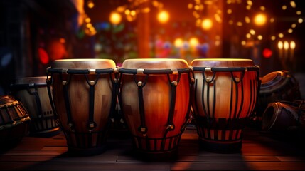 Conga drums on stage, lit by warm stage lights with bokeh effect. Perfect for music themed projects and performance promotions. Traditional percussion musical instrument of Afro-Cuban - obrazy, fototapety, plakaty