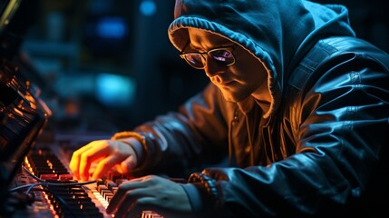 A hacker in a dark room wearing a hoodie and glasses is typing on a keyboard