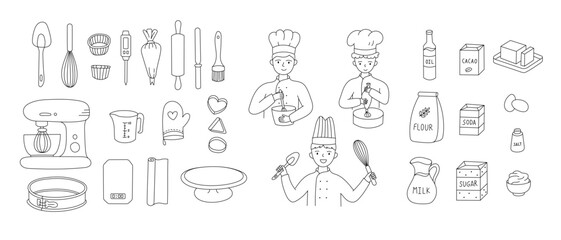 Baking line illustrations set. Doodle hand drawn cooking tools collection. Bakery ingredients, flour, butter and milk. Pastry prepare ingredients and supplies