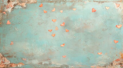 Textured turquoise backdrop with hearts in different sizes and colors. With copy space. Illustration in the style of oil painting. Ideal for designs related to love, relationships or Valentines Day. - obrazy, fototapety, plakaty