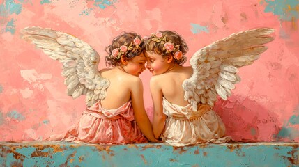 Vivid oil painting capturing two cherubs whispering, set against a textured pink surface. Suitable for home decor, religious occasions, and as an expression of innocence and purity.