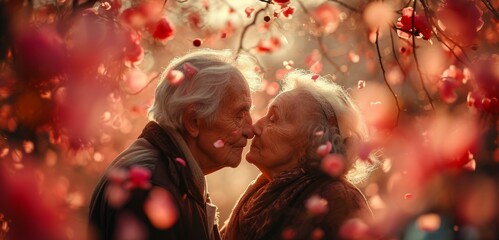 Affectionate elderly couple shares a heartfelt kiss amidst a soft background of red rose petals, evoking everlasting love. Perfect for greeting cards and sentimental themes. Valentines day.