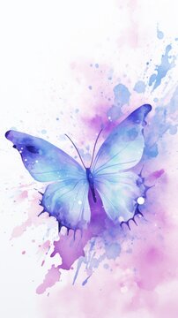 Watercolor illustration of butterfly on pastel delicate blue pink purple background with watercolor splashes and stains.. With copy space. The concept of delicate beauty of nature. Vertical format