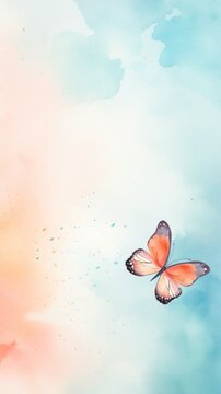 Watercolor illustration of peach butterfly on pastel delicate blue background with watercolor splashes and stains.. With copy space. The concept of delicate beauty of nature. Vertical format
