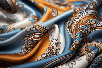 Elegant Blue and Gold Silky Fabric with Ornate Patterns