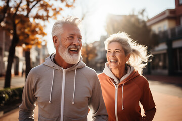 Active Senior Couple running together on a sunny day