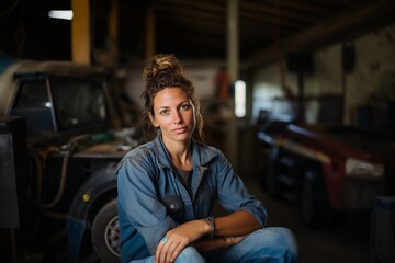Young woman mechanic with work trucks in the background