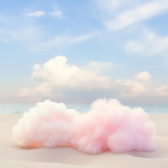 Two pink cotton clouds on the sandy beach against the seascape