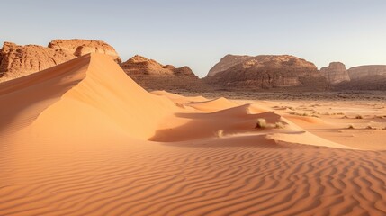 Beautiful desert landscape with large sand dunes in the foreground and mountains in the background