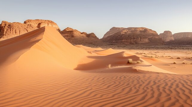 Beautiful desert landscape with large sand dunes in the foreground and mountains in the background