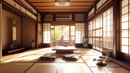 Interior of room with traditional Japanese symbols on doors. Ai Generative