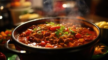 Closeup of a bubbling pot of y chili, filled with beans, tomatoes, and ground beef. - obrazy, fototapety, plakaty