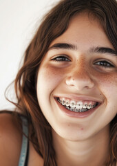 young smiling girl with metal braces on her teeth, bite correction, orthodontist, health, medicine, dentistry, oral cavity, straight, white, portrait, mouth, person, people, treatment, beauty, smile