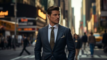 Confident businessman in suit walking in busy city street - obrazy, fototapety, plakaty