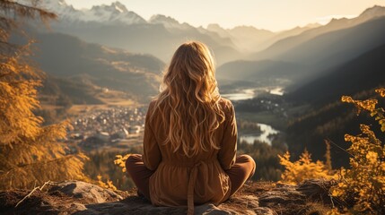 woman meditating on a mountaintop overlooking a valley