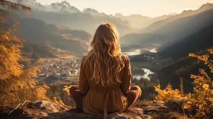 Foto op Canvas woman meditating on a mountaintop overlooking a valley © Molostock