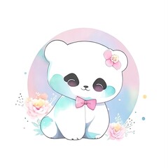 Panda watercolor portrait, generative ai cute illustration.