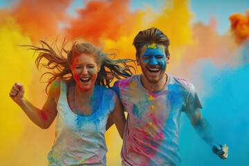 Happy couple running at Holi festival, people having fun with colorful powder. Young woman and man are stained paint. Concept of India, color, festive party, travel, romance