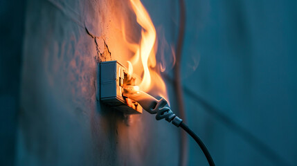 fire and smoke on electric wire plug in indoor, . Ai Generative - obrazy, fototapety, plakaty