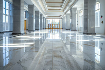 Interior of luxury lobby of modern commercial building, clean shiny floor in office hall after professional cleaning service. Concept of marble tile, column, corporate hallway - obrazy, fototapety, plakaty