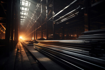 Steel mill interior, metal production stored in warehouse of metallurgical plant. Perspective inside dark storage of iron cast factory. Theme of industry, technology, manufacture - obrazy, fototapety, plakaty