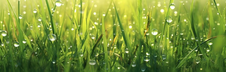 Obraz premium Drops of water on green grass glisten in morning.