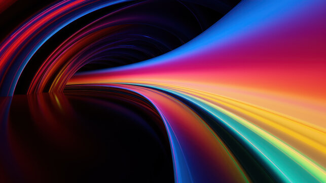 Abstract neon digital lines in dark space, glowing multicolored energy motion on black background. Cyberspace with fast light trails. Concept of tech, spectrum, color, science, speed