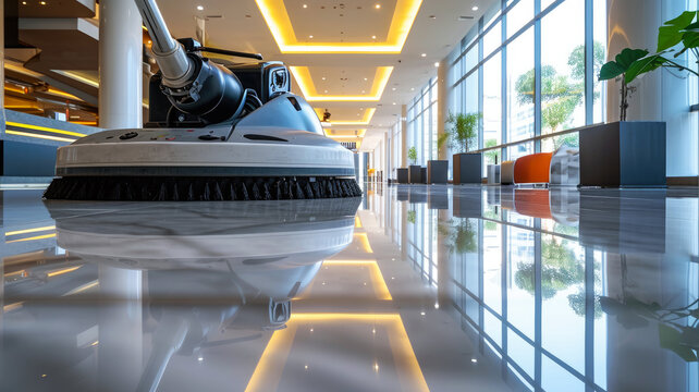 Cleaning vacuum machine in empty office hall, shiny clean marble floor in modern building lobby. Concept of professional maintenance, interior, work, commercial care service